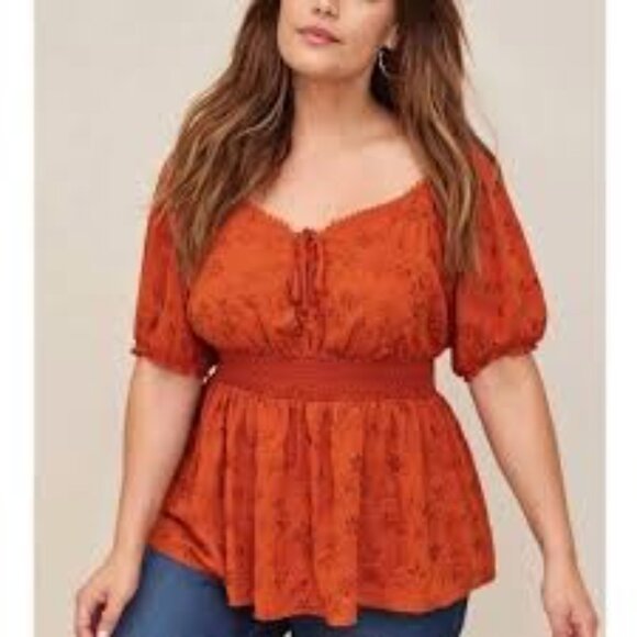 Torrid Tops - Torrid Georgette Eyelet Smoked Waist Puff Sleeve Cinnamon Brown Size 4 (26) NEW